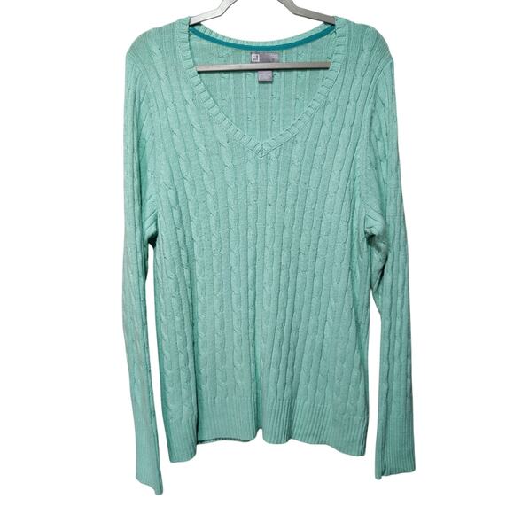JCP Women's Plus Sz 2X Mint Green Cable Knit V Neck Sweater Merino Wool Blend - Picture 1 of 5